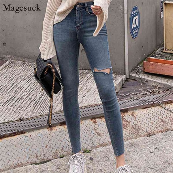 Yüksek Bel Skinny Jeans Kadınlar Ince Streç Kalem Pantolon Kot Casual Artı Boyutu Delik Femme 10396 210512