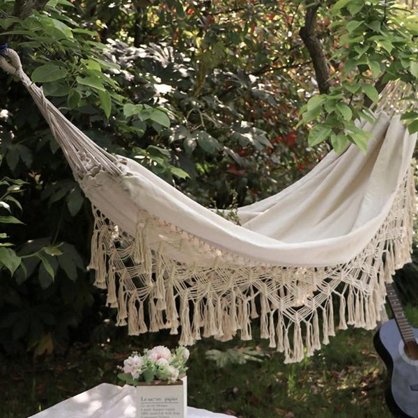 

large 2 person hammock boho style brazilian macrame fringed deluxe double net swing chair indoor hanging camp furniture