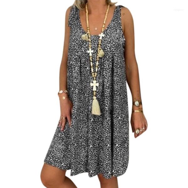 

women dress summer loose sleeveless printed casual clothing beach party s-5xl big size robe femme vestidos1, Black;gray