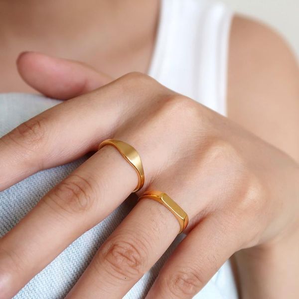

cluster rings peri'sbox 2 designs thin square stamp matte gold color circle geometric for women minimalist stainless steel jewelry, Golden;silver