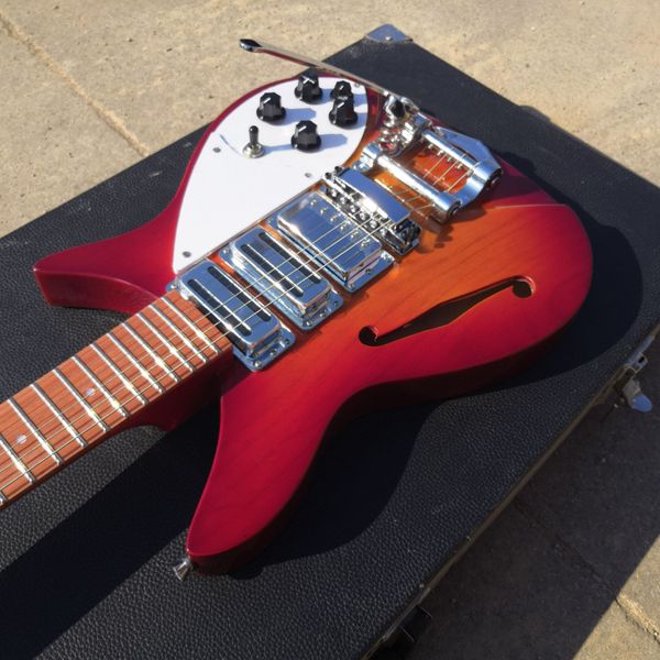 John Fogerty 325 Fire Glo Cherry Sunburst Semi Hollow E-Gitarre, einzelnes F-Loch, kurze Mensur, 527 mm Bigs Tremolo Saitenhalter, Humbucker Bridge Pickup Dot Inlay