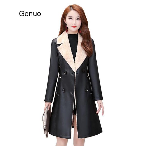 

women's leather & faux winter pu fur coat fashion leopard print lapel double-breasted add velvet to thicken medium length plus-size jac, Black
