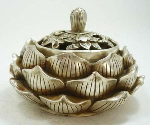 

fragrance lamps collectable tibetan silver lotus flower figure censer beautiful incense burner
