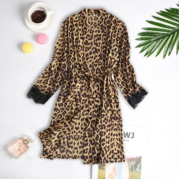 

fashion satin silk robes womens sleepwears print long sleeve silky leopard bathrobe sleepwear with belt homewear pyjamas, Black;red