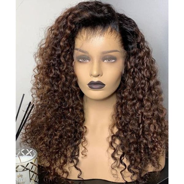 

ombre brown pre plucked 360 lace frontal human hair wigs baby hairline curly13x6 front remy full wig, Black;brown