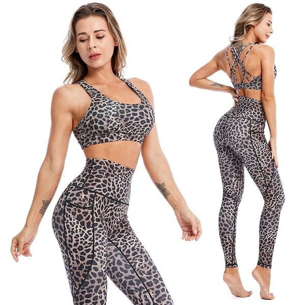 

yoga outfit 2 piece set style clothes women gym leopard printed pants cross beautiful back bra fitness sports suit 1