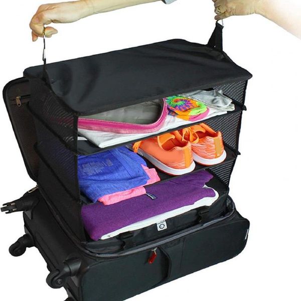 

storage bags luggage organizer foldable 3 layers polyester travel bag with hanging shelves clothes shoe tidy pouch