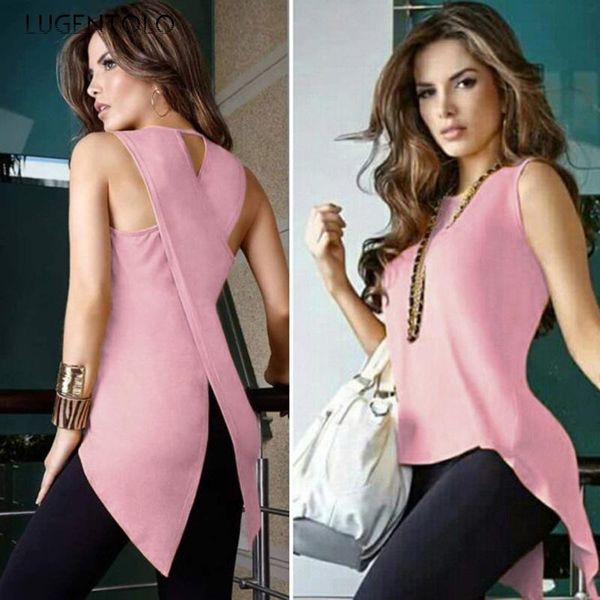 

women's t-shirt lugentolo women summer elegant sleeveless solid slim o-neck female casual large size t-shirts, White