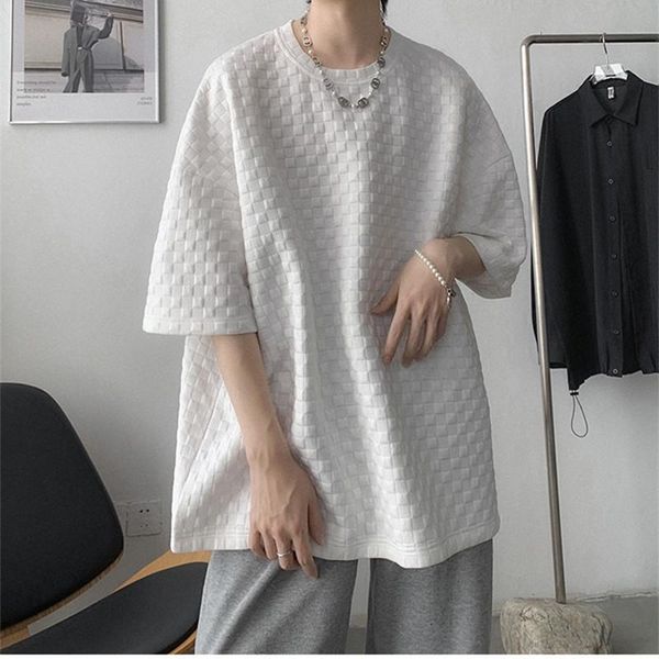 

men's t-shirts men t-shirt oversized streetwear black tees fashion checker short sleeve male 2021 summer loose casual cotton man tshirt, White;black