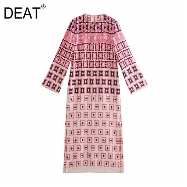 

[deat] summer fashion round neck high waist ankle-length printing long sleeve loose elegant dress women 13q230 210527, Black;gray