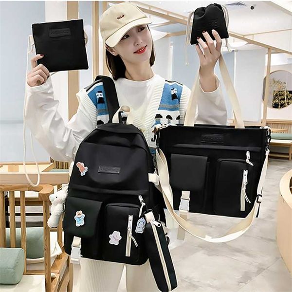 

5 pcs set backpacks cute school bags for teenage girls women backpack casual canvas teen student shoulder bags mochila escolar 211018