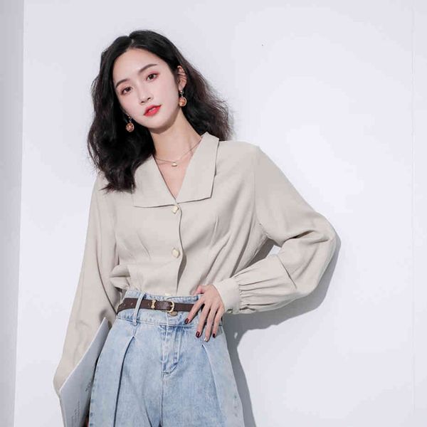 

knits plus size ol work blouse women big lapel shirt female autumn new french retro long sleeve lantern sleeves shirts ladies, White