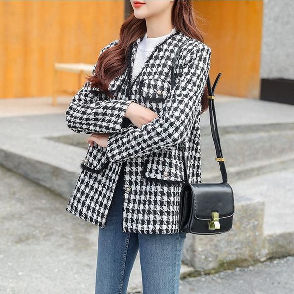 

tweed plaid casual jacket women thicken winter coat black korean warm jackets fall 2021 elegant coats women's, Black;brown