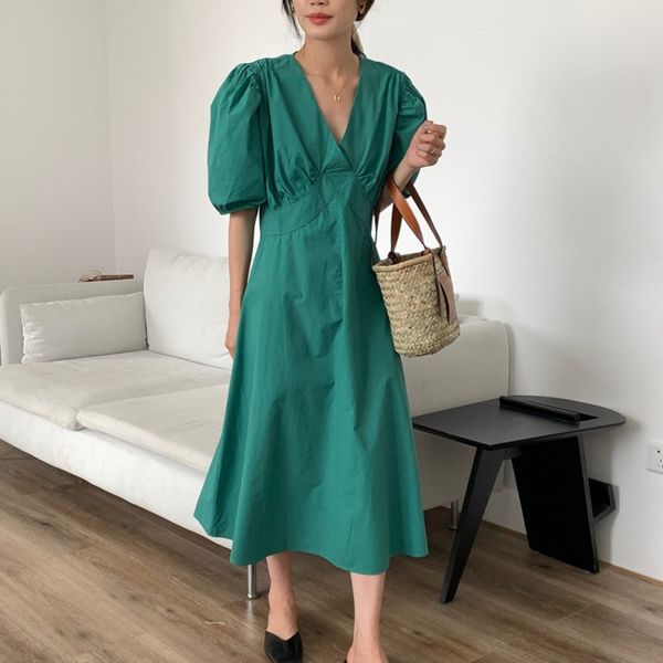 

summer korean version green retro gentle temperament fresh v-neck fold design pink high waist puff sleeve dress 16f0999 210510, Black;gray