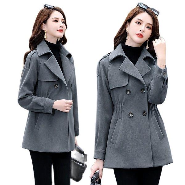 

women's wool & blends elegant fashion woolen coat short double-breasted grey slim women jacket 2021 autumn blended cloth outerwear, Black