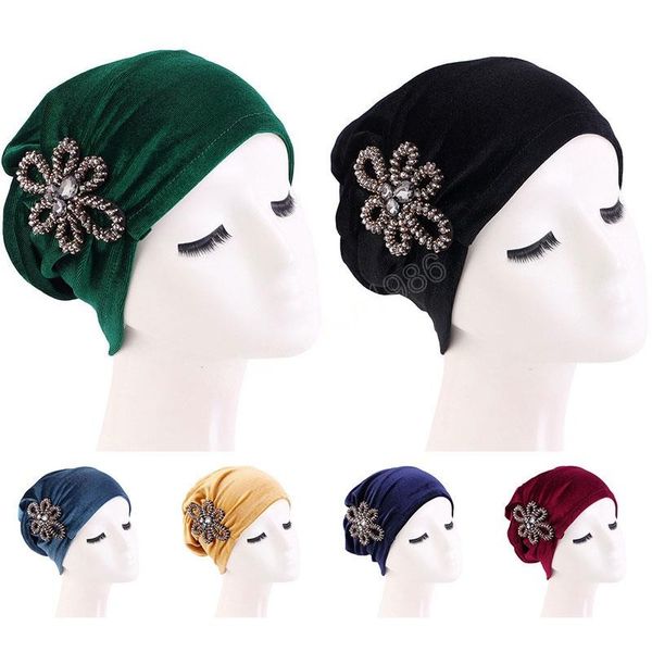 

women fashionable velvet pullover cap solid color comfortable breathable rhinestone beanie hats delicate chemotherapy cap, Blue;gray