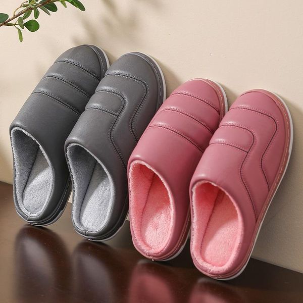 

leather warm winter home slippers non-slip thick house shoes cotton women men indoor flats plus size, Black