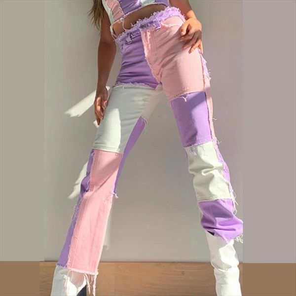 

patchwork color block tassel women jeans contrast trousers high waist casual streetwear denim pants pocket fashion, Blue