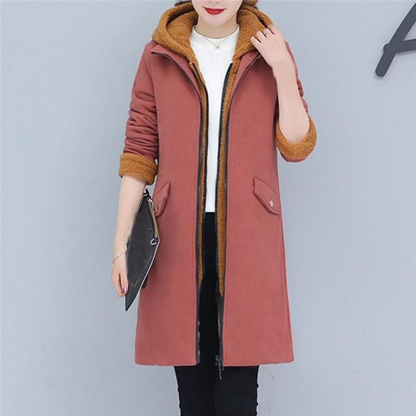 

women's wool & blends fashion loose outerwear solid cotton-padded jackets pocket hooded coats lamb cashmere keep warm cloth coat 2021, Black