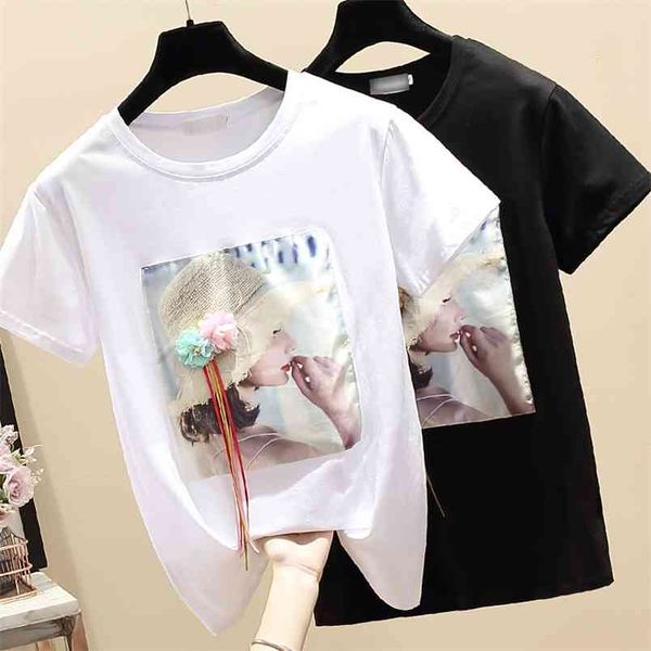 T-Shirt Kurzarm T-Shirt Frauen Tops Applikation Sommer Koreanische Kleidung Frau T-Shirts Baumwolle Y2K Mode Damen 210507