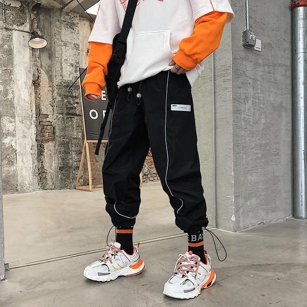 

men's cargo harem pants hip hop casual male track joggers trousers fashion harajuku reflective men streetwear, Black