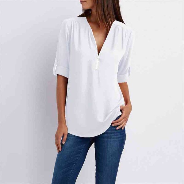 

summer chiffon 5xl plus size women blouses chemise femme v neck roll up sleeve zipper tunic casual clothing, White