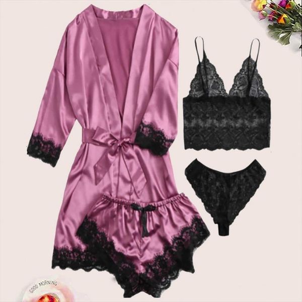 

pajama set lace trim satin womens sleepwears pyjamas pour femme summer nightwear with pants casual home wear kimono robe gown, Black;red