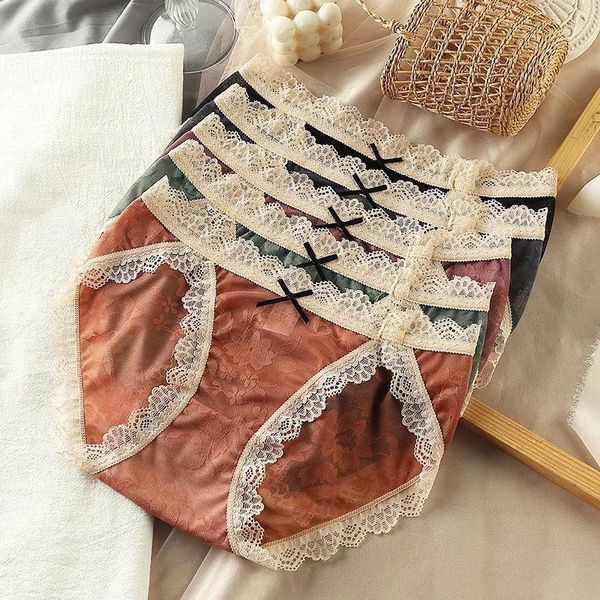 

women's panties 2021 lace thin ladies net yarn pure cotton japanese style girl briefs comfortable bow trend underwear women soft, Black;pink