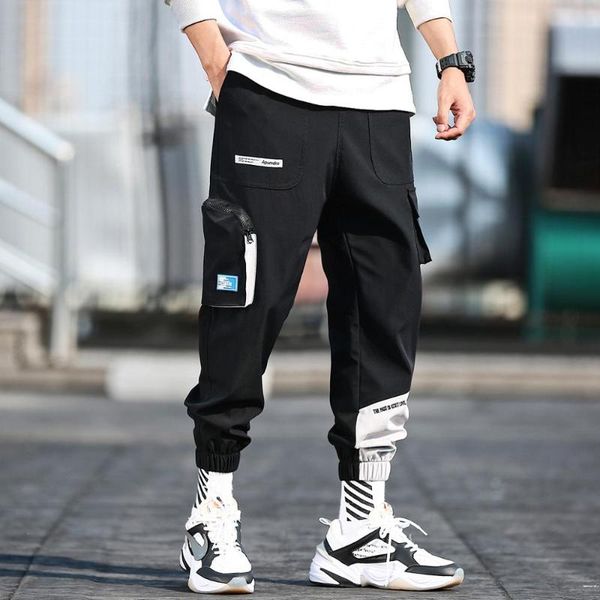 

casual pants men big pocket track male fashion trousers elastic waist hip hop joggers sweatpants streetwear men's, Black
