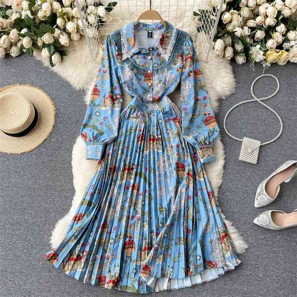 

spring bohemian vacation midi dress women retro print pleated turndown-collar long sleeve button a-line es 210430, Black;gray