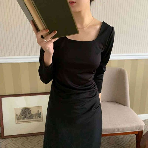 

woman chic dress spring retro temperament solid square neckline back hollow waist versatile mid-length inner dress, Black;gray