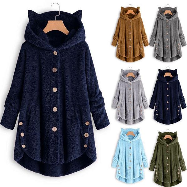 

women's hoodies & sweatshirts women plush hooded coat winter fleece warm cute cats ears buttons outerwear female solid color irregular, Black