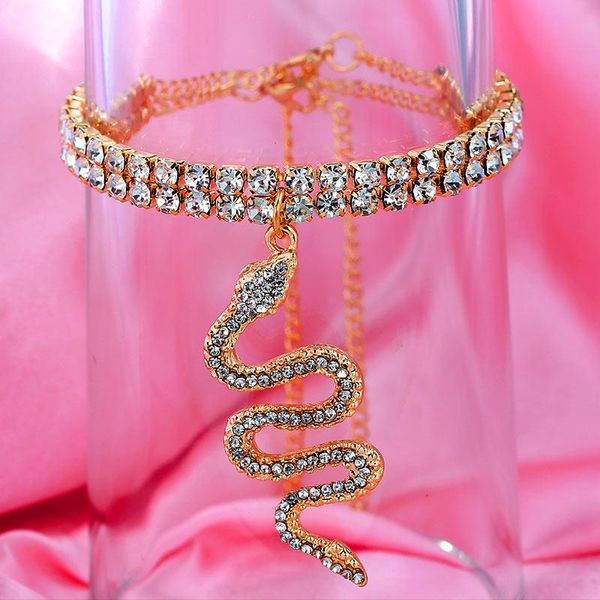 

anklets just feel hip hop crystal snake pendant anklet bracelet for women gold color bling rhinestone tennis chain foot jewelry, Red;blue