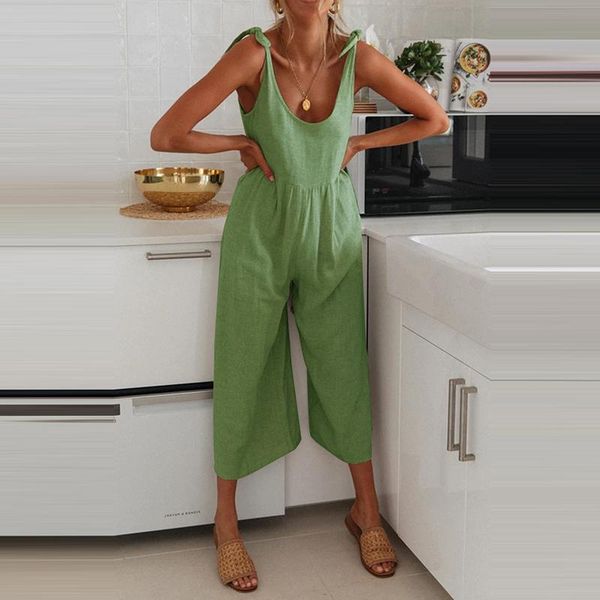 

women's two piece pants 2021 summer fashion sling cotton and linen jumpsuit casual sleeveless solid color loose slim elegant beach, White