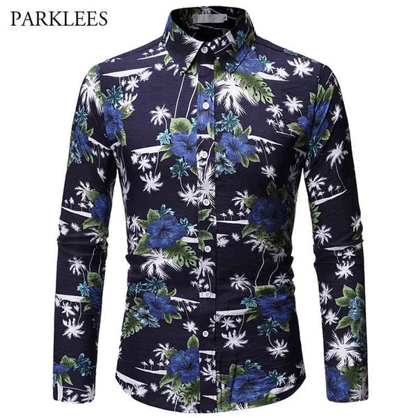 Autunno Fiore Pianta Modello Moda uomo a maniche lunghe Streetwear Button up Casual Slim Fit Cotone Mens Camicie eleganti 210524