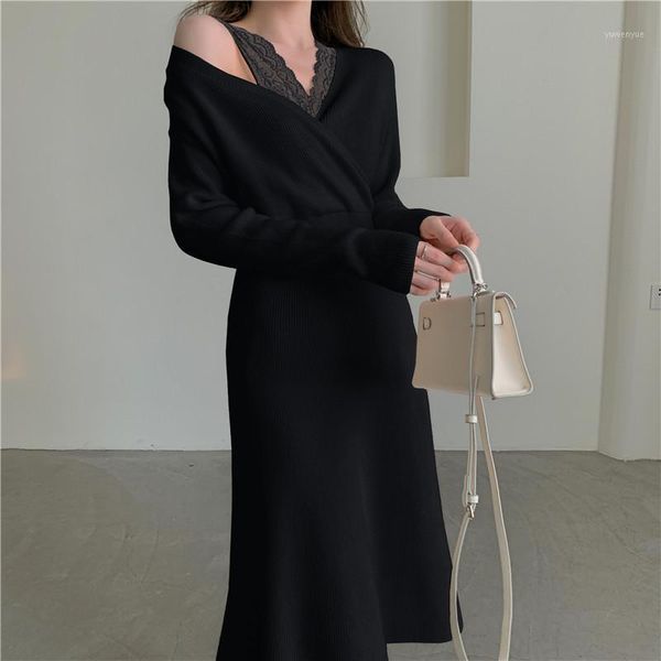

casual dresses hzirip 2021 autumn winter bottoming dress elegant long knitted sweater women ol style lace stitching, Black;gray