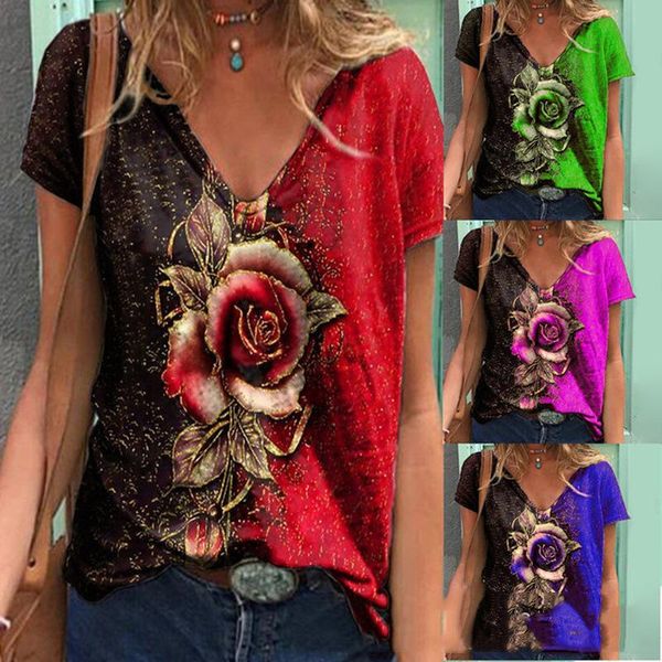 

women's t-shirt loose t-shirts women jumpers short sleeve woman pullover female v-neck fashion oversize flowers cloth undershit ac, White