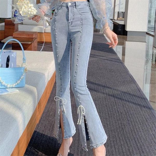 

women's jeans women cut pants elegant chic beading bowknot boot high waist split denim girls vintage fairy sweet trousers, Blue