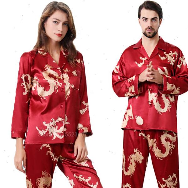 

silk satin pajamas set women sleepwear 2pcs full sleeve trousers chinese style year dragon print lounge men couples pyjamas, Black;red