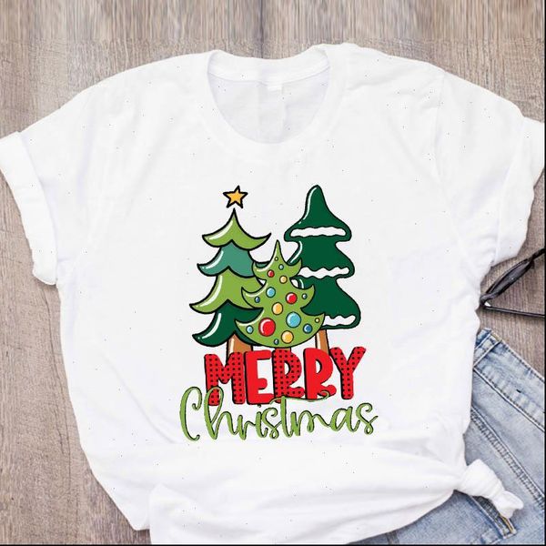 

women graphic t shirt cartoon aesthetic year clothes merry christmas print lady tees clothing female, White