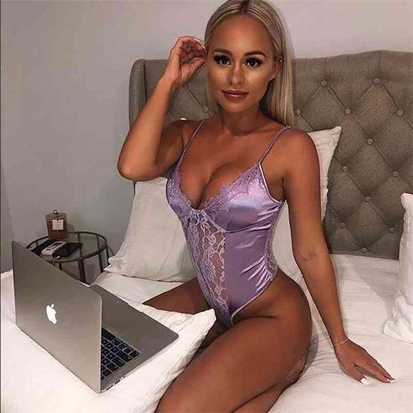 

lace bodysuit v-neck straps jumpsuit sleeveless bralette overalls mesh sheer teddy sleepwear rompers 210517, Black;white