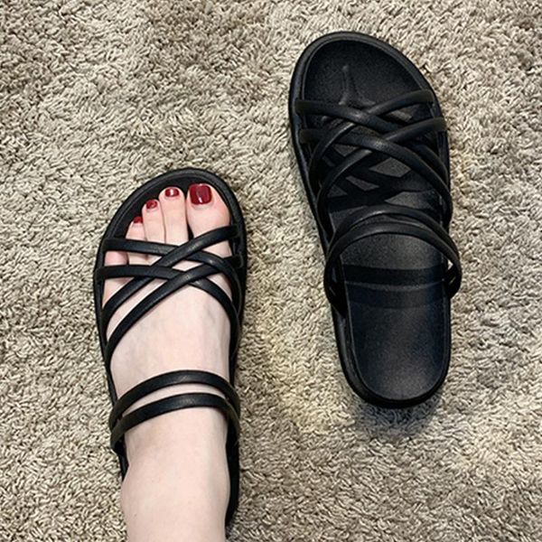 

dress shoes two ways solid cross narrow band sandals women summer rome elevated slingback slip on gladiator femmes sandalias2021, Black