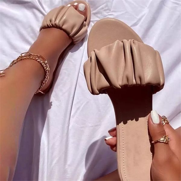 

summer 2021 women sandals slippers pleated flip flop casual beach square open toe shoes outdoor slippers female soft slides y1120, Black