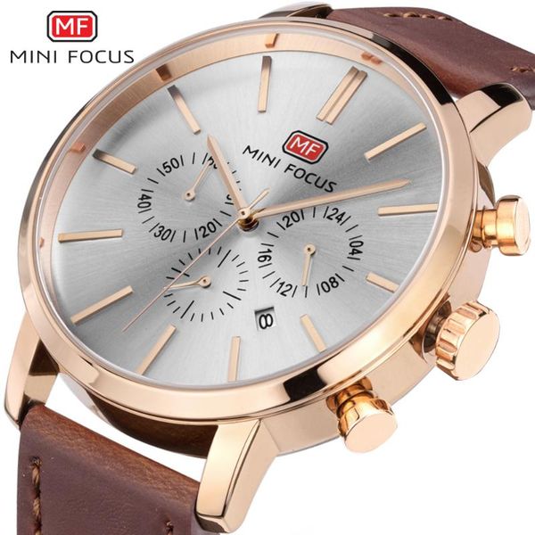 

wristwatches mini focus mens fashion waterproof sports watch quartz calendar watches leather male clock chronograph mf0023g, Slivery;brown