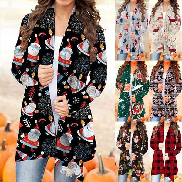 

womens long christmas snowman open front long sleeve jacket loose flowy hem cardigan coat christmas clothes, White;black