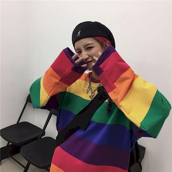 

women's t-shirt rainbow striped long-sleeved spring autumn style korean student loose fashion oversize kawaii clothes, White