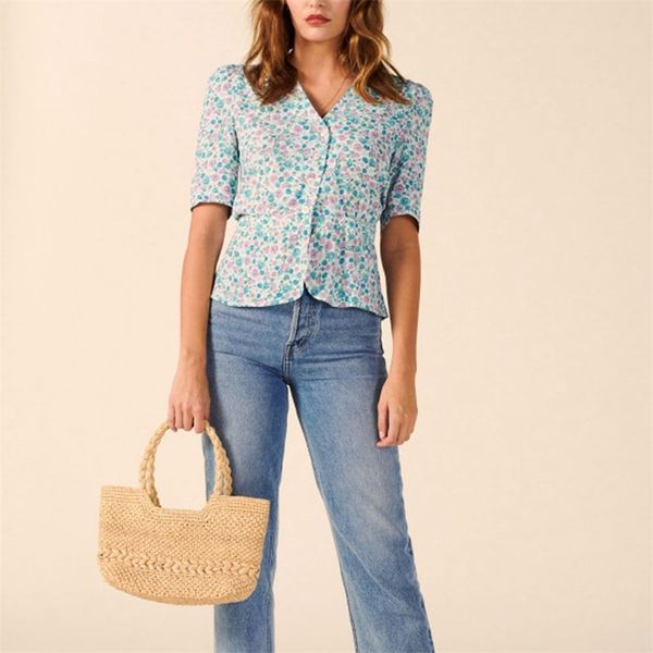 

summer women's shirt casual flower print v-neck short-sleeved 210430, White