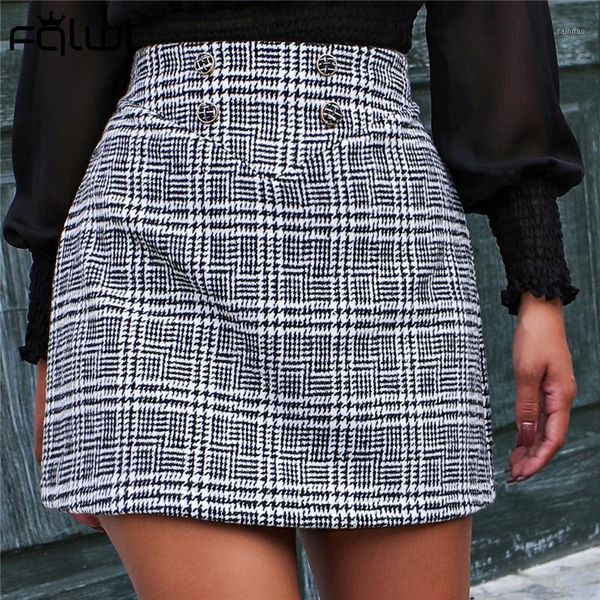

button high waist mini plaid skirt women tweed bodycon wrap short woman ladies casual fall 2021 a-line female skirts, Black