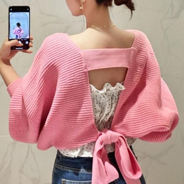 

women's knits & tees [ewq] korea chic solid color knitted cardigan autumn 2021 back hollow out long batwing sleeve sweater coat fashion, White