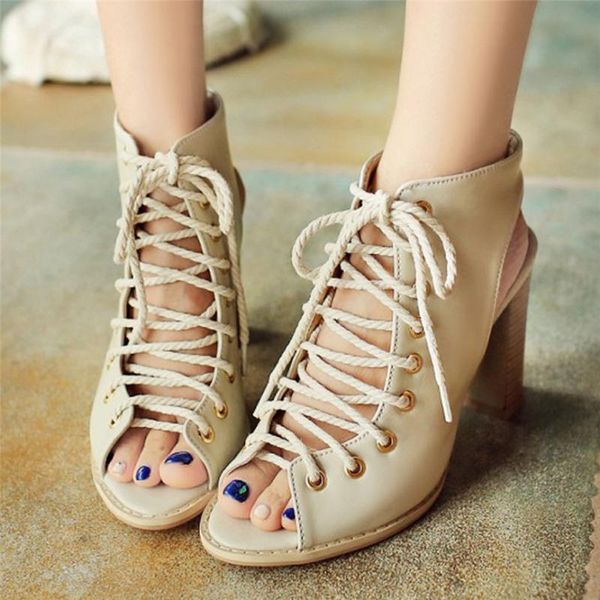 

dress shoes women fish mouth high heel boots lace-up solid ankle strap roman sandals summer peep-toe flat open toe, Black